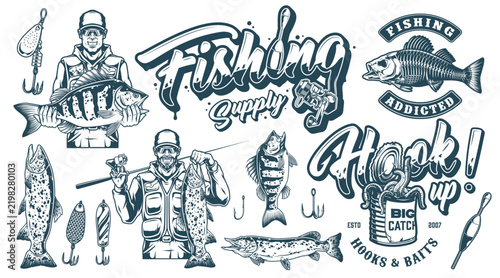 Fishing-themed hand-drawn illustration set