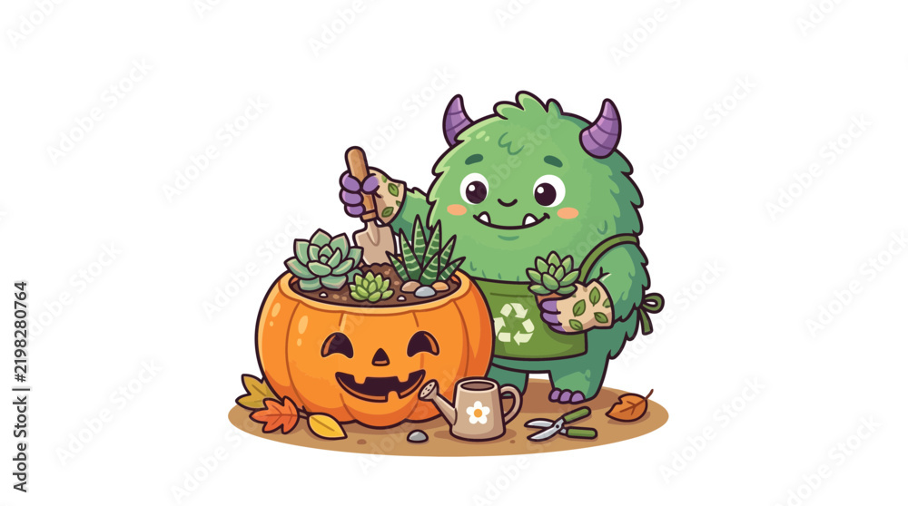 Obraz premium Cute green monster gardening succulents in a pumpkin planter