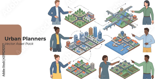 Urban planners and architects pointing at isometric city models for smart city development.