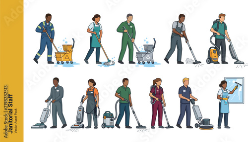 Professional Cleaning Staff Characters Set with Industrial Equipment and Janitorial Tools