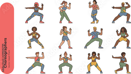 Set of diverse dance instructors and choreographers performing dynamic hip hop dance moves