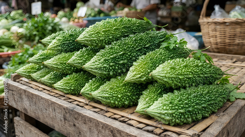 Fresh bitter melon vegetables on display at a market illustration