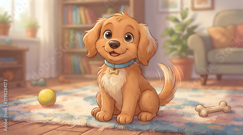 Cute cartoon puppy sitting on a colorful rug in a living room illustration