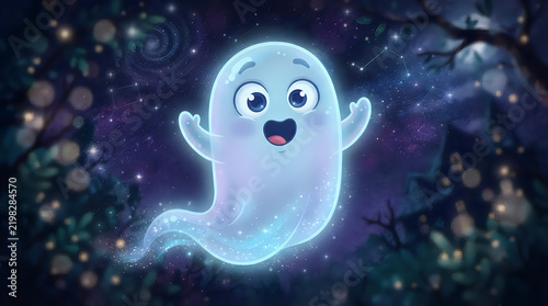 Cute blue ghost character floating in starry space illustration