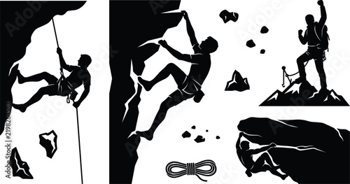 Set of rock climbing silhouettes, mountaineering extreme sport, climbers on mountain cliff, bouldering, hiking, adventure activity vector