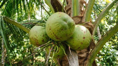 Fresh green coconuts growing on a palm tree illustration