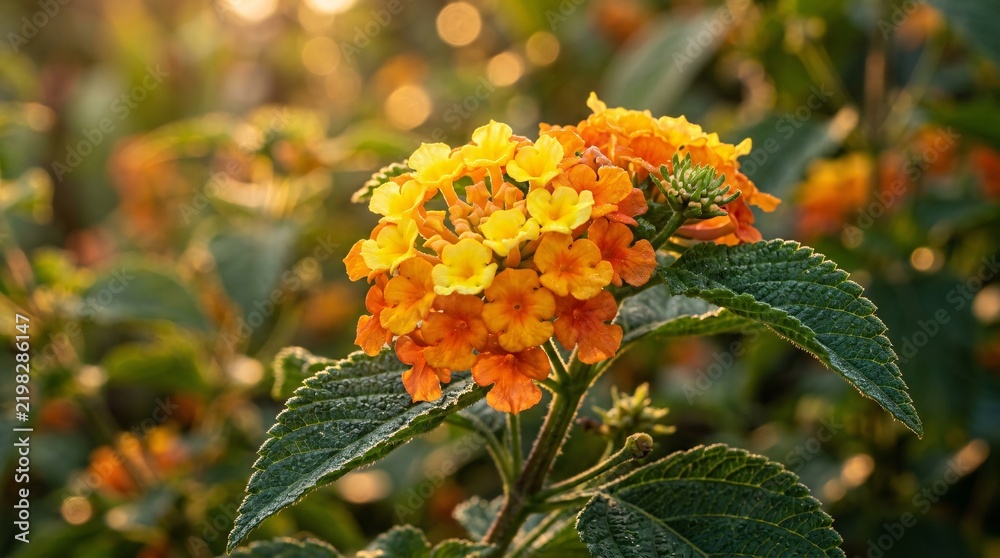 Obraz premium Vibrant lantana flower cluster with a stunning gradient of yellow to deep orange petals among dark green textured leaves at golden hour.