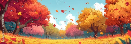 Vibrant autumn forest panorama with colorful trees falling leaves and blue sky wide banner