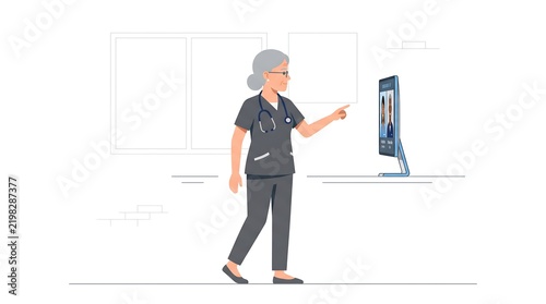 Senior female medical professional or nurse practitioner using modern telemedicine technology on a screen for professional healthcare consulting and digital skill development in a clinic setting