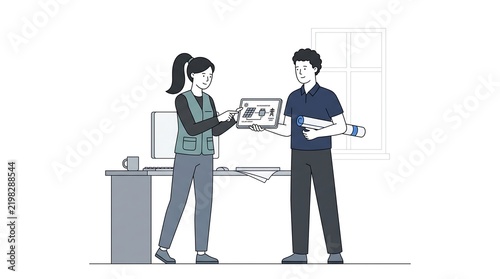 Vector illustration of young architects collaborating on a project, analyzing plans on a tablet in a modern office workplace environment