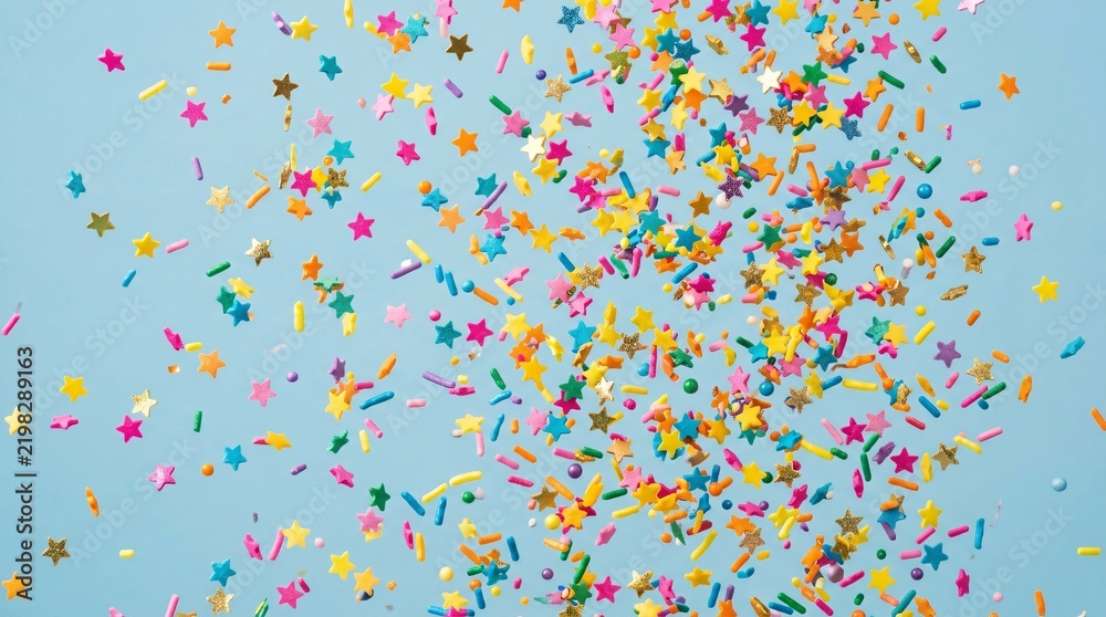 Obraz premium Joyful colorful star-shaped confetti and sprinkles raining down against a smooth pastel blue background in a festive celebration scene.