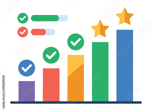 Business data analytics growth chart with stars and checkmarks