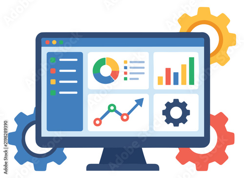 Digital Business Analytics Dashboard with Growth Charts and Gears