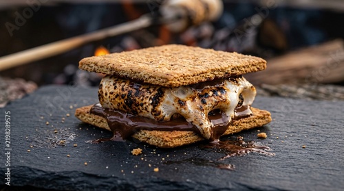 Gooey melted chocolate and toasted golden marshmallows squished between crisp graham crackers, classic campfire s'mores on dark slate.