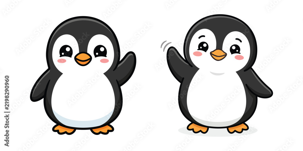 Obraz premium Two adorable cartoon penguins waving their flippers in a cheerful greeting