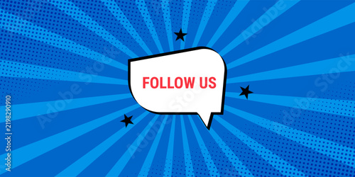 A pop‑art‑style banner with the text “Subscribe to us” in a cloud on a blue radial background with stars