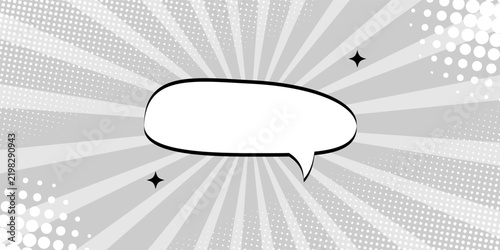 A comic book‑style background with an empty speech bubble, halftone dots, and radial lines in black‑and‑white tones