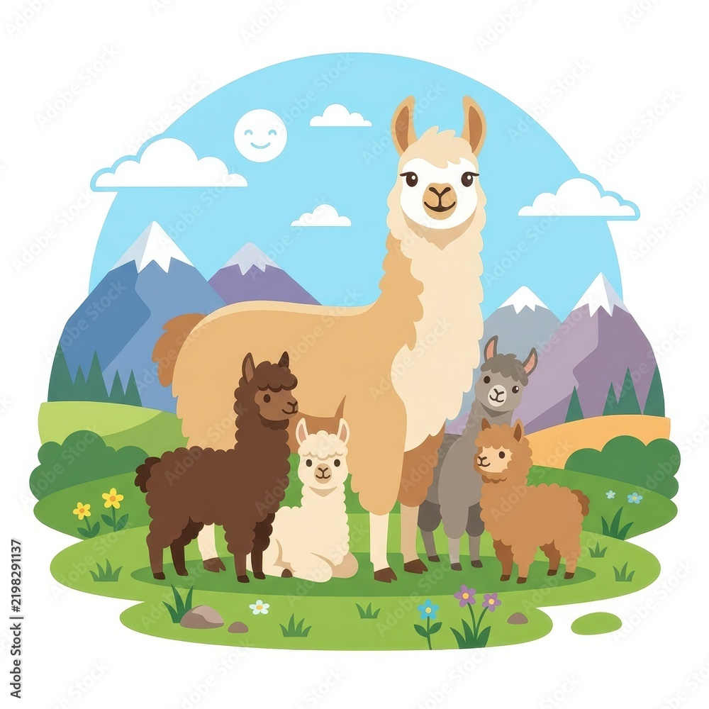 Fototapeta premium Cute cartoon alpacas family in mountain landscape