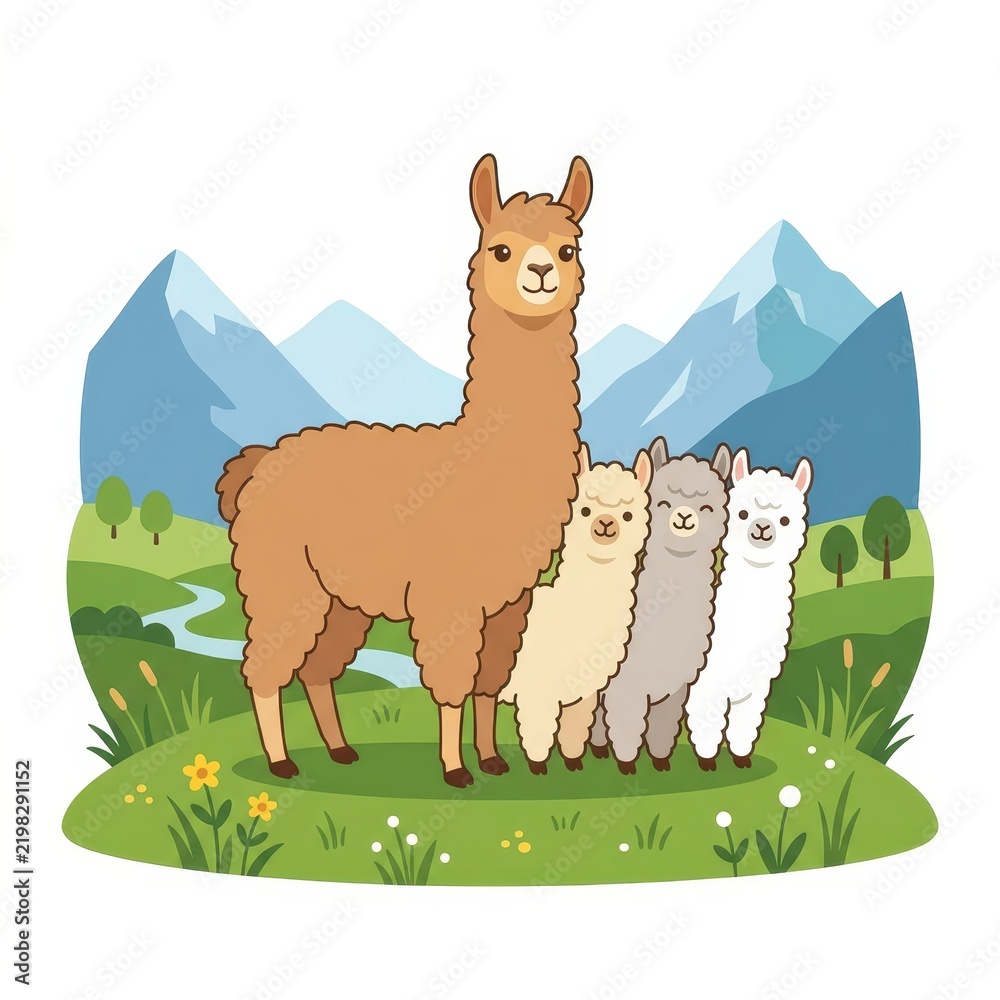 Fototapeta premium Cute cartoon llamas family in nature landscape