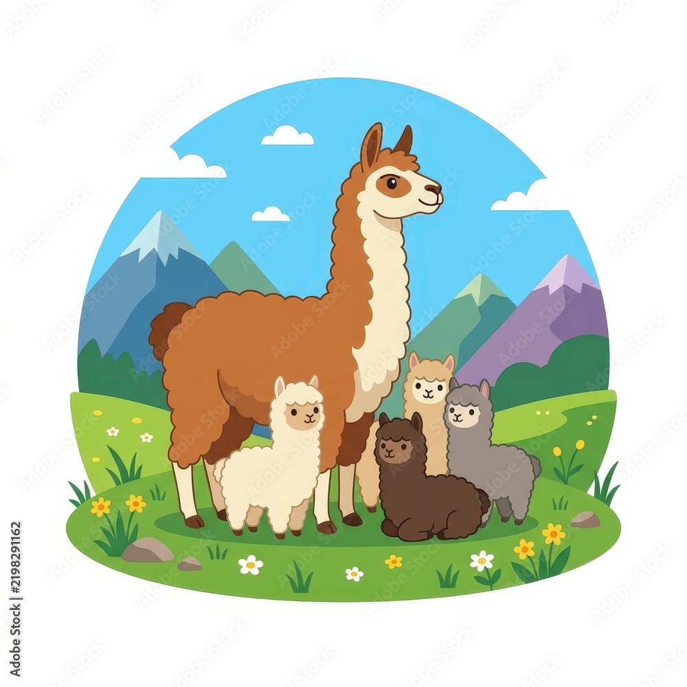 Fototapeta premium Llama family in a mountain landscape