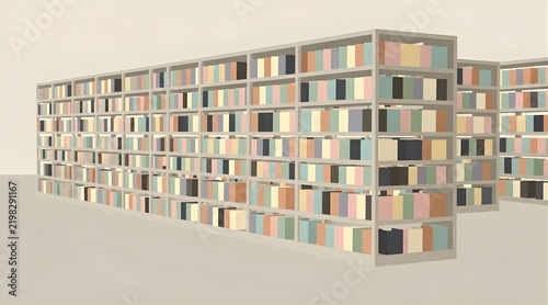 Minimalist Vector Illustration of Organized Library Bookshelves with Colorful Pastel Book Spines in a Clean Perspective