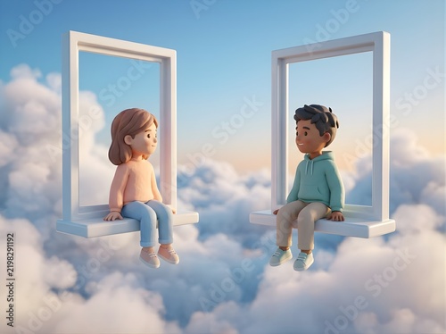 Whimsical 3D Illustration of a Young Couple Sitting on Window Frame Swings High Above a Cloudscape at Sunrise for Friendship Concept