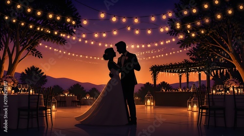 Romantic Silhouette of Bride and Groom Sharing First Dance at Outdoor Evening Wedding Reception Under String Lights and Sunset Sky