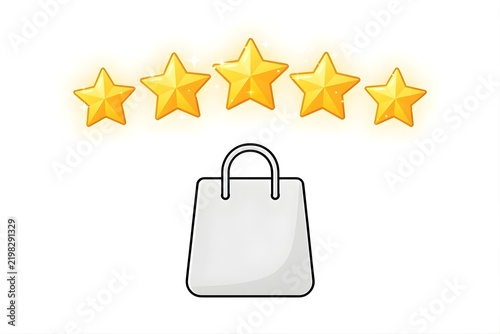 Vector Shopping Bag Icon with Five Glowing Golden Stars Representing Premium Quality Service and High Customer Satisfaction Feedback