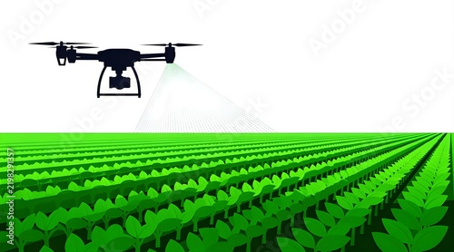 Smart Agriculture Concept with Automated Drone Spraying Pesticide or Fertilizer over Green Crop Rows in Field