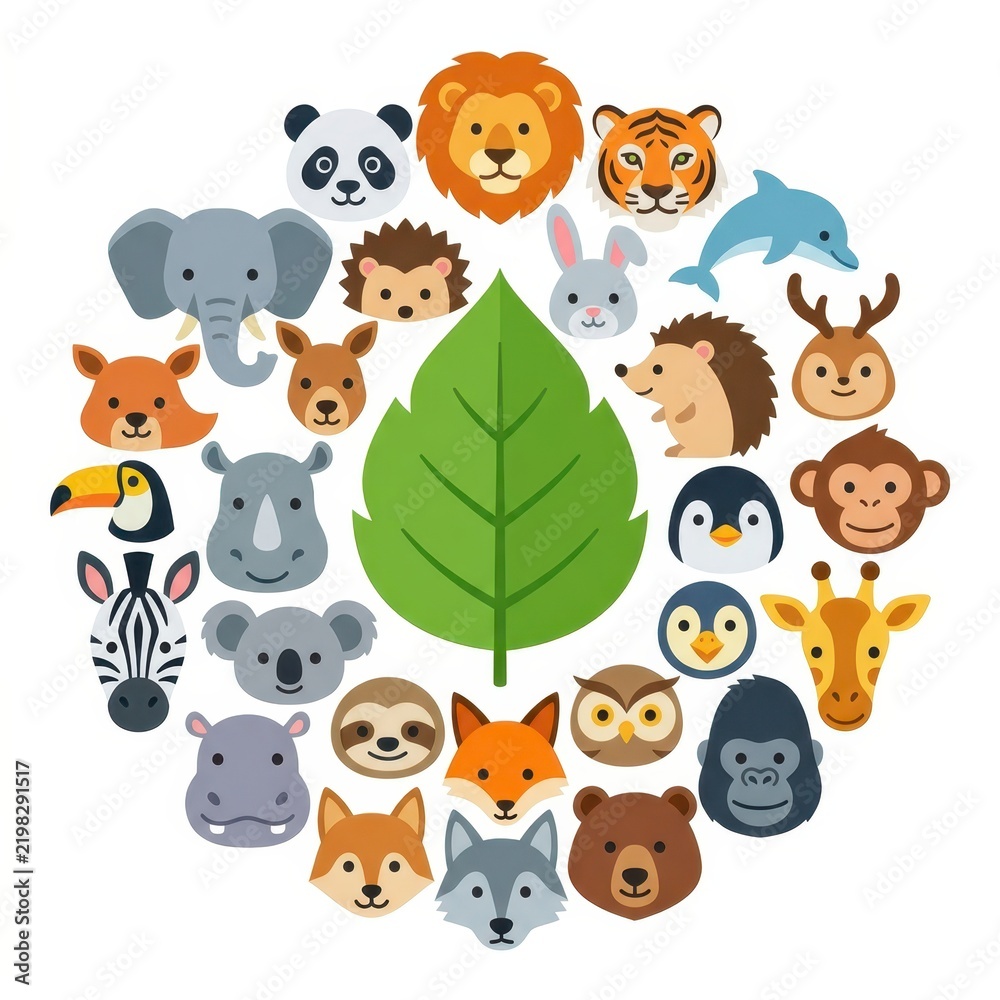 Obraz premium Circle of animal faces and a green leaf
