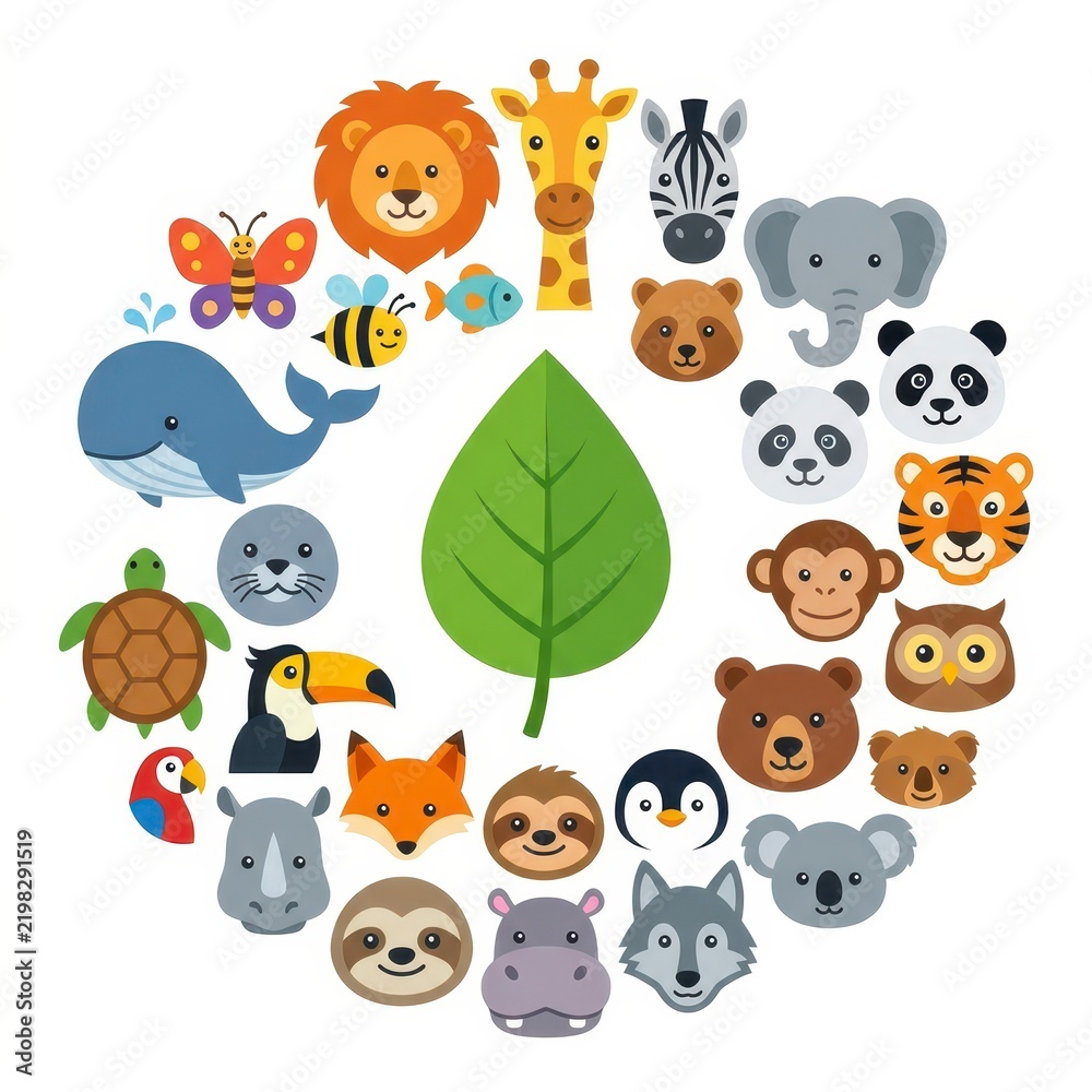 Obraz premium Circle of cute cartoon animals and a leaf