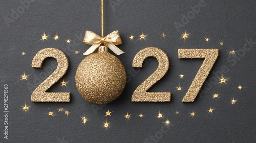 Golden Glitter 2027 With Bauble Ornament On Charcoal Background – Elegant 3D New Year Celebration Design