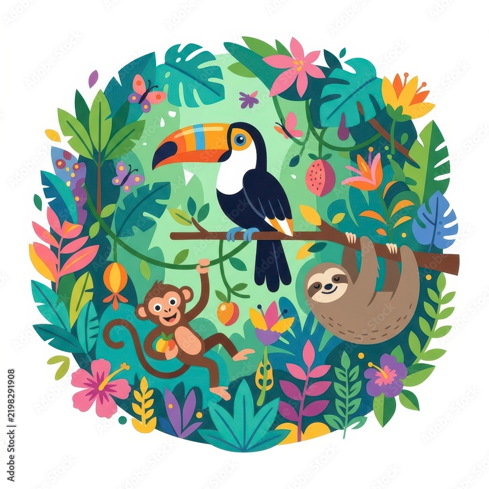 Fototapeta premium Tropical jungle scene with toucan monkey and sloth