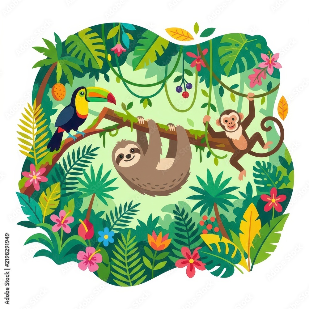 Fototapeta premium Jungle scene with sloth toucan and monkey
