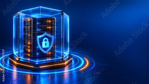 High tech server rack enclosed in a glowing transparent cybersecurity shield representing encrypted database protection and secure hosting.