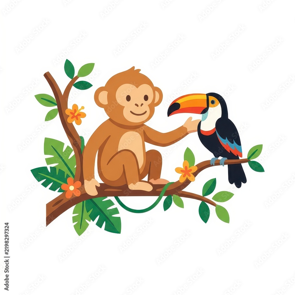 Fototapeta premium Cute monkey and toucan on jungle branch vector illustration