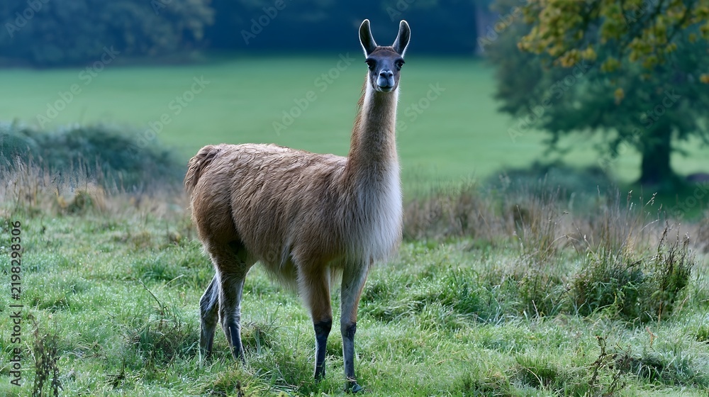 Fototapeta premium A brown llama stands alert in a lush green field with trees and soft natural lighting in the background