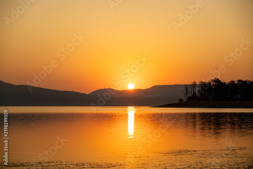 Golden Sunrise Panorama Lake Landscape Mountain Ridge Sun Disk Bright Sunlight Reflection Calm Water Surface Early Morning Batak Reservoir Bulgaria Nature