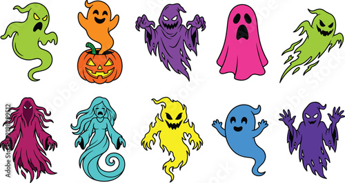 Fotografie Colorful Spooky Halloween Ghost and Monster Character Vector Icon Set Featuring