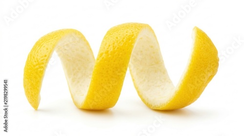 Close-up of a lemon peel or lemon twist on white background.