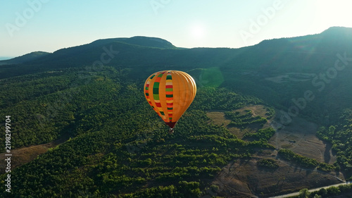 Hot Air Balloon Tourist Flight Sunrise Aerial Drone View Belogradchik Rocks Green Forest Mountain Valley Travel Adventure Freedom Concept Bulgaria Landscape