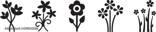 Black and white floral icons vector set featuring minimalist flower bouquets and botanical silhouettes