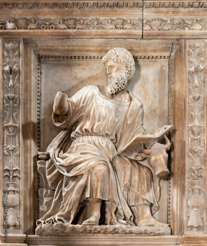 Pietrasanta - The marble relief of st. Luke the Evangelist on the renaissance pulpit in the church Cattedrale di San Martino by Donato Benti and Lorenzo Stagi (1508)