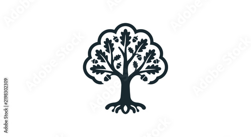 Minimalist stylized oak tree icon with acorns and roots.