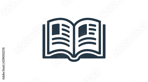 Minimalist vector icon of an open book with text and images.