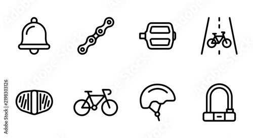 Bicycle Icons Set: Bell, Chain, Pedal, Road, Light, Bike, Helmet, Lock, Vector Graphics