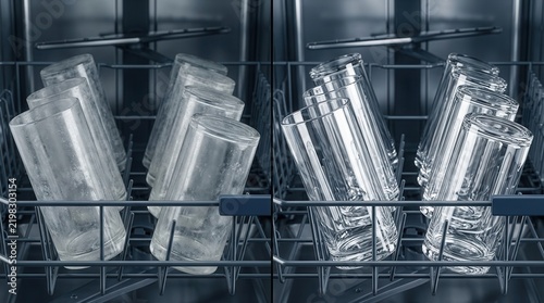 Before and after cleaning dishwasher glasses to remove hard water spots