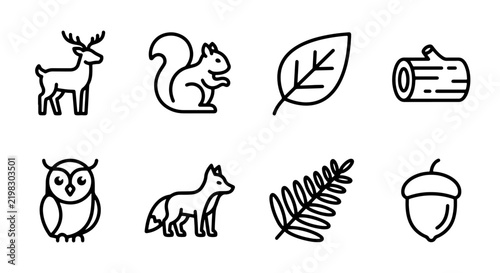 Forest Icons Set: Deer, Squirrel, Owl, Fox, Leaf, Log, Acorn, Fern Vector Graphics