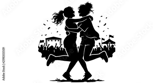 Joyful Friends Hugging at Music Festival, Silhouette Celebration, Vibrant Crowd Energy