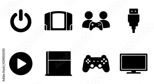 Gaming Icons Set: Power, Console, Controller, Screen, Play, USB, People, Cable